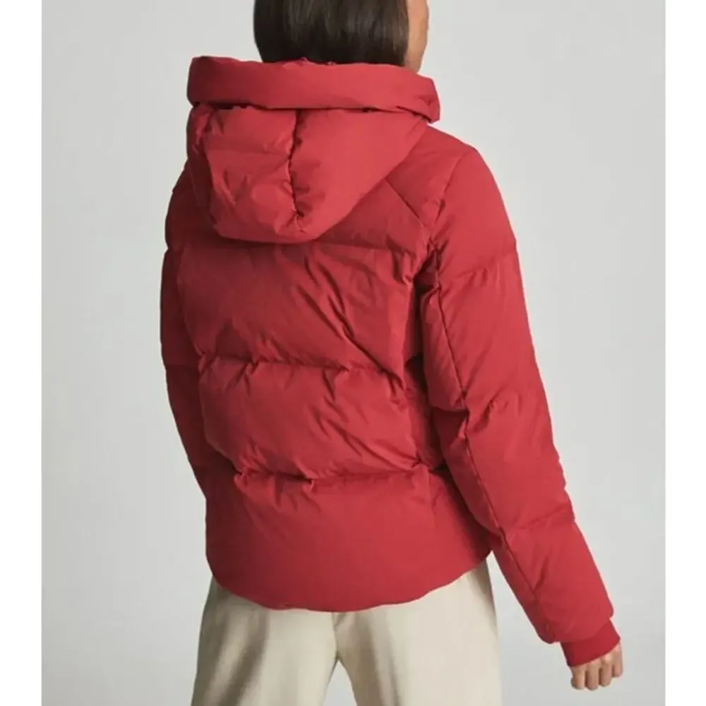 REISS Thea Short Puffer Jacket NEW Size S Red Quilted Hoodie $565 Coat Winter - Picture 6 of 16